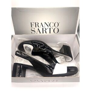 Franco Sarto Black Patent White Leather Slingback Block Heel Pumps Size 8M Box